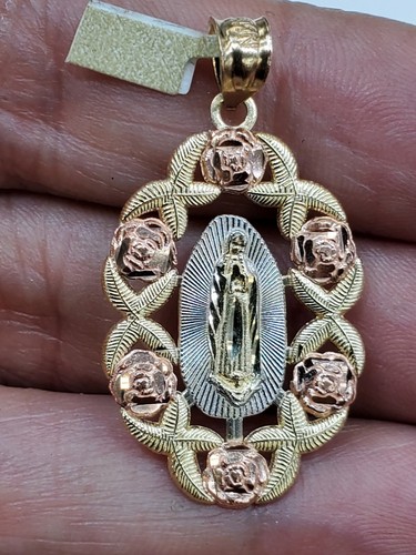 Pre-owned Rosegold 14k Yellow Rose Gold Virgin Mary Holy Mother Oval Pendant Charm 1.35" Lng