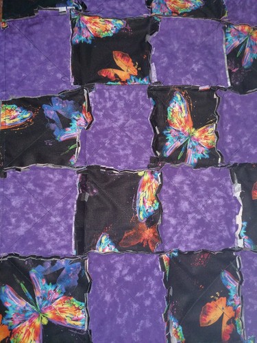 Handmade/reversable butterflies/purple Rag Quilt /Security Blanket/ lap throw