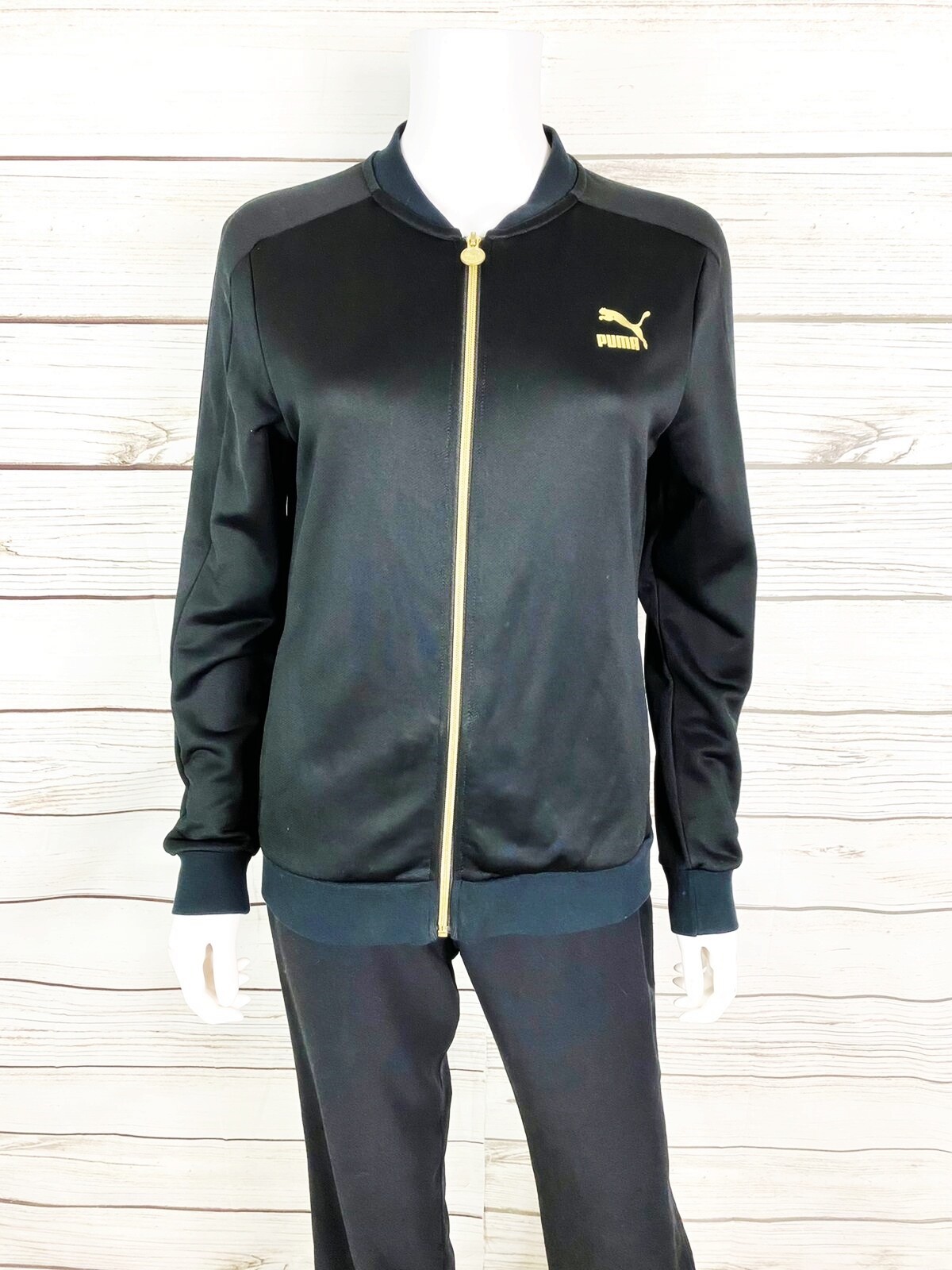 Puma Womens Track Jacket Size L Black w/Golden Logo Full