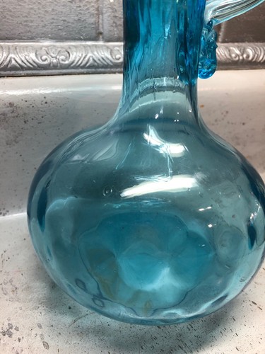 ANTIQUE BLENKO HAND BLOWN GLASS PANELED AQUAMARINE BLUE WATERFALL PITCHER VASE