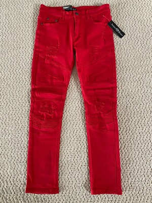 NWT Men's Nathan Denim Red Moto Distressed Stretch Skinny Biker Jeans Size 28-34