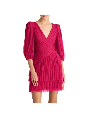 

ML MONIQUE LHUILLIER Женское платье-футляр с красной юбкой и подкладкой с пышными рукавами, Красный