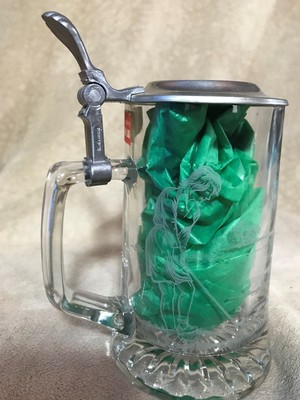 Vintage~ALWE~Glass Stein~w-Pewter~Lid~W Germany~Etched~Golfers~Rare~Tankard~Tree