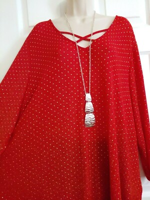 Ruby Rd  Funky Wild Mix Stretch Knit Strappy Neckline Tunic Top Plus 3X Red New