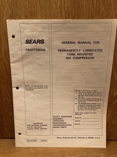 Sears Craftsman Permanent Lubricated Tank Mounted Air Compressor Owner's Manual