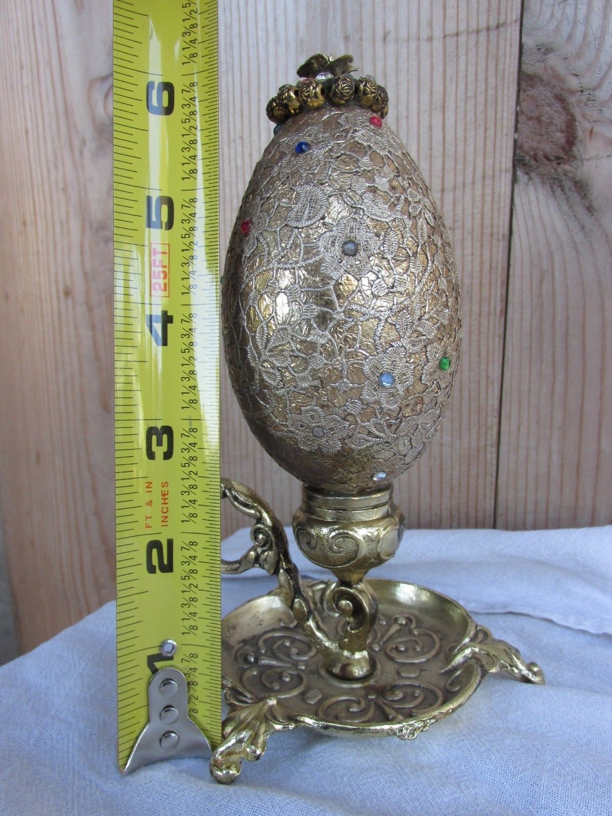 Gold Tone Jewels? Decorative Signed Real Egg Lacy w/ Metal stand 3 leg, finger