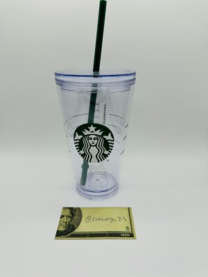 Starbucks Cold Cup Clear Grande Tumbler Traveler with Green Straw Logo 16oz