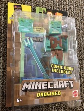 MINECRAFT DROWNED ACTION FIGURE W/ PRISMARINE BLOCK, TRIDENT, & MINI COMIC BOOK | eBay