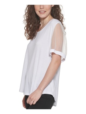 Женский белый эластичный топ с круглым вырезом и рукавами-пуфиками DKNY L