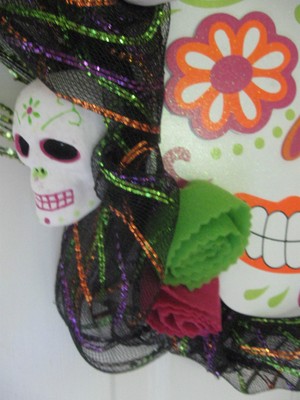 Halloween Wreath Black Green White Sugar Skull Skeleton Spider 21
