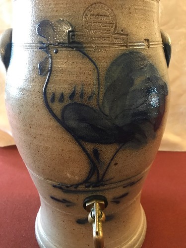 RARE ROWE Pottery WI  Blue Rooster Salt Glazed Stoneware Water Crock Dispenser