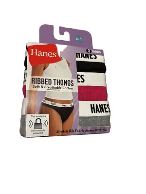 8 / XL Hanes Women s Ribbed Cotton Thong 3-Pack, Pink, Black, Gray