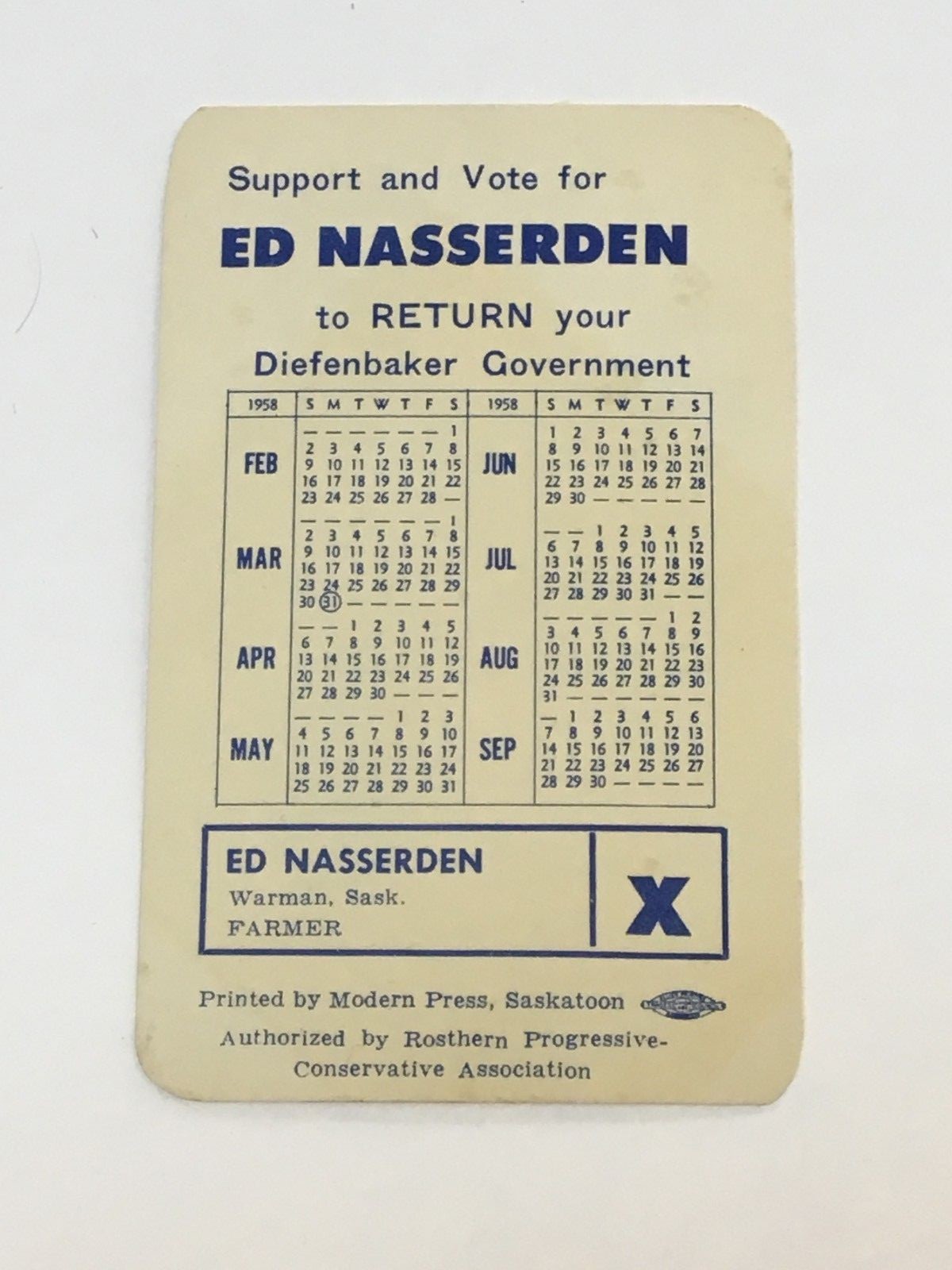 1958 John DIEFENBAKER Progressive Conservative Campaign card ROSTERN Sk