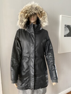 M0851 GRAY BLACK INSULATED WINTER FUR HOOD COAT SIZE S