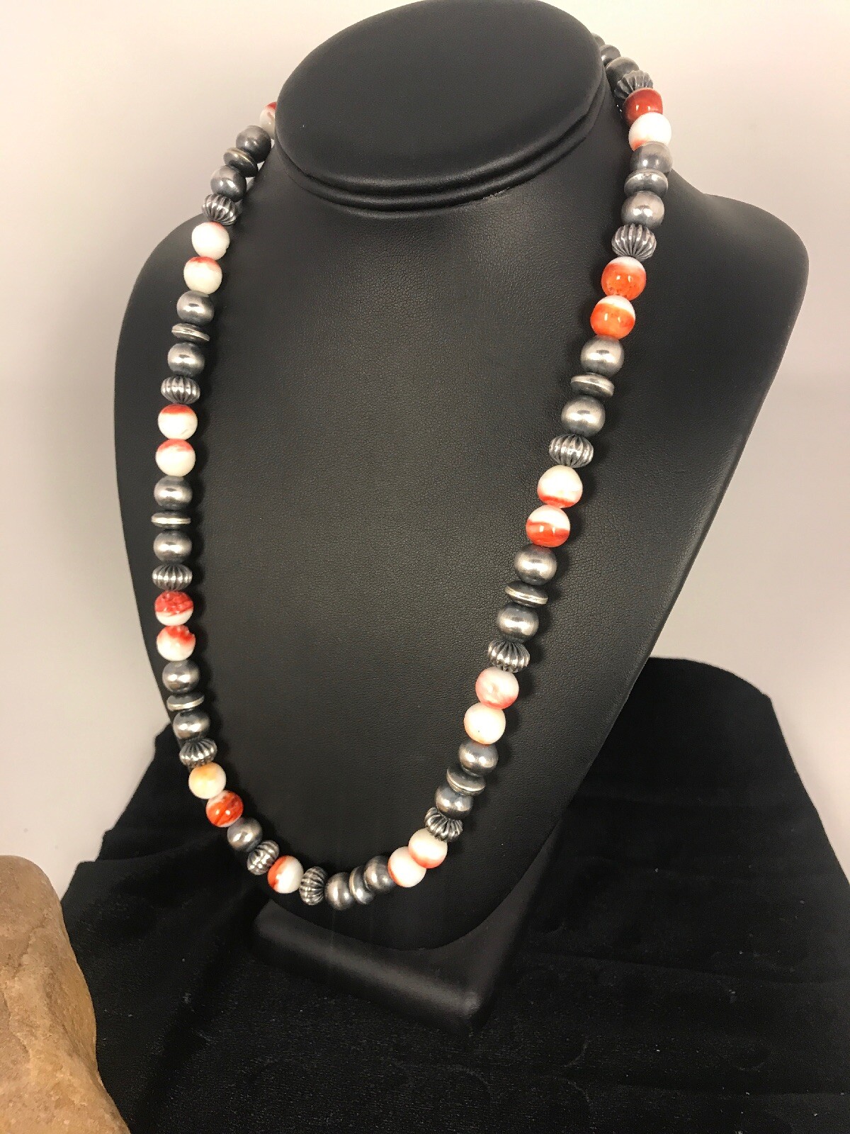 Pre-owned Handmade Spiny Oyster Navajo Sterling Silver Beads Necklace 21” 8533 In Orange