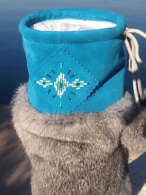 Pre-owned Laurentian Chief Canadian Tall Turquoise Suede Mukluk With Gray Rabbit Fur