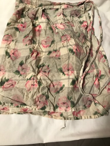 Vintage 1950 's Flowers Pink Grey Half Apron Cotton Pocket