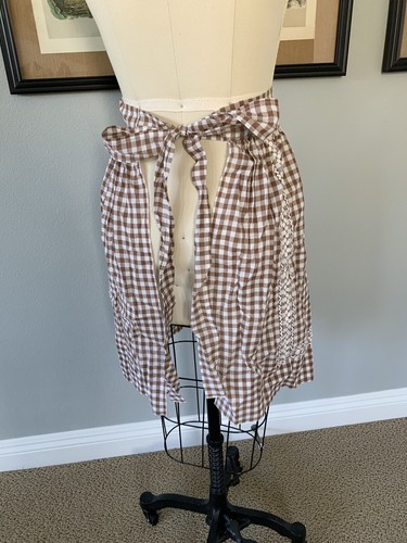 Vintage Apron Brown and White Gingham with RicRak Details and Pockets