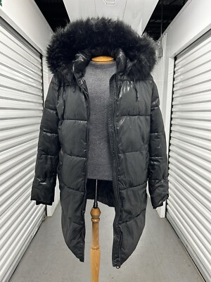 Women Jacket DKNY High-Shine Faux Fur Trim Hooded Puffer Coat XL Black.Uncleaned