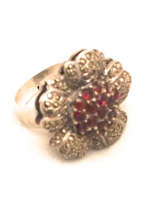 Vintage Art Deco Sterling Silver Flower Ring Marcasites Garnets Size 7.5