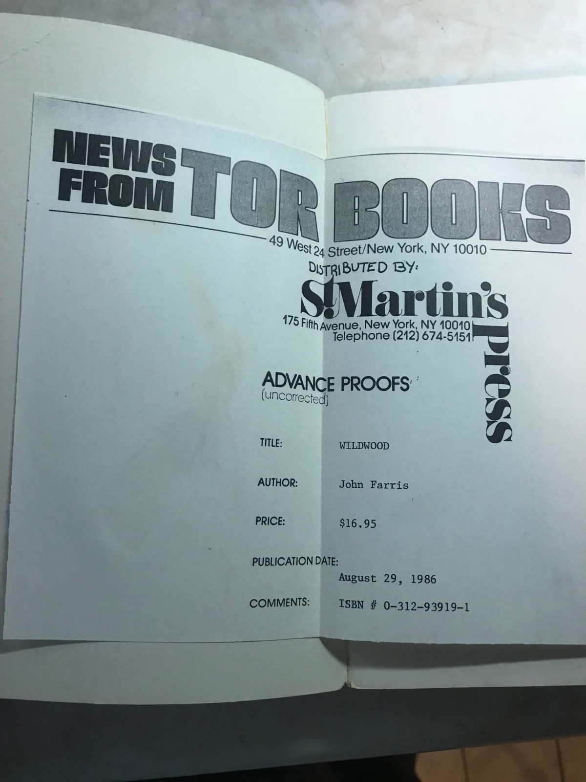 JOHN FARRIS. WILDWOOD. ADVANCE PROOF. PLUS 1ST EDITION OF WILDWOOD.