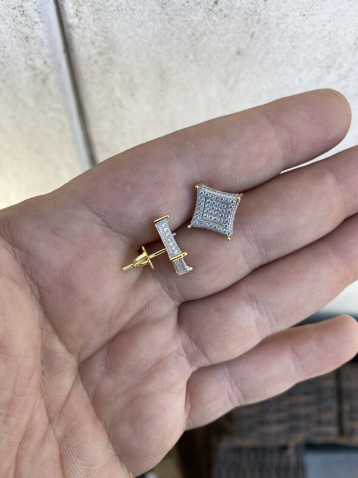 Pre-owned Silver 1.17ct Vvs Real Diamond Men's Solid 14k Yellow Gold Iced Hip Hop Kite Earrings In White