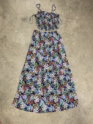 Hippie Rose Two Piece Floral Multi Color Women Size Medium Skirt Top Sleeveless