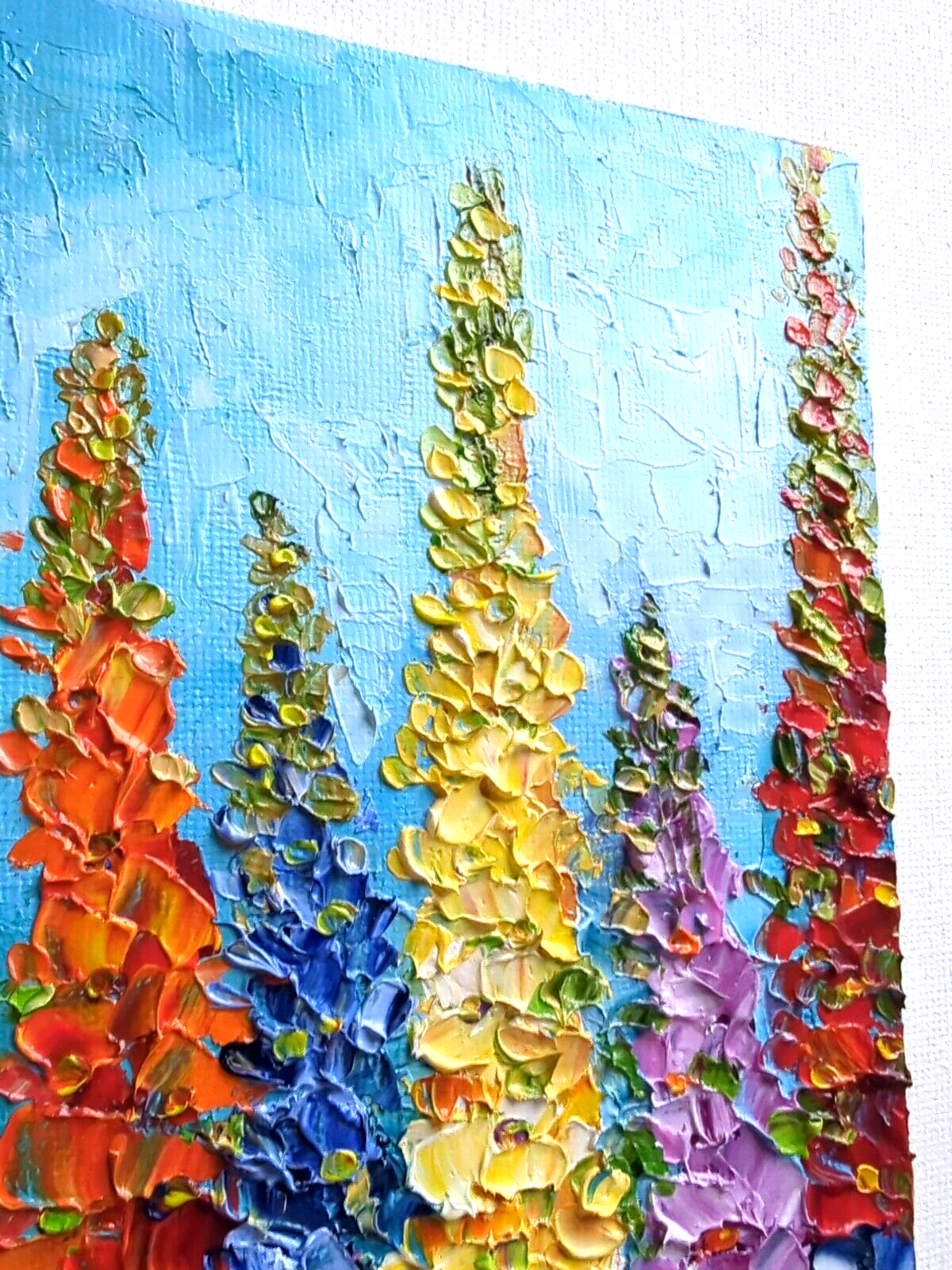 Delphinium Flowers  Original OIL Impasto PAINTING Impressionism 7"x 5"Olga Diduh