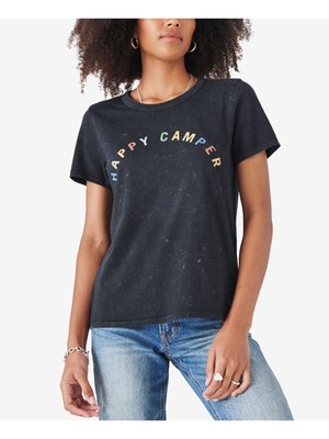 

LUCKY BRAND Женский черный топ с круглым вырезом и короткими рукавами с рисунком