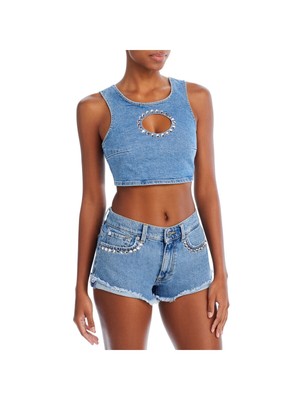 7 FOR ALL MANKIND Женский синий укороченный топ без рукавов с круглым вырезом на спине M
