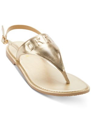 DKNY Womens Gold Logo Comfort T-Strap Solar Round Toe Thong Sandals 6 M