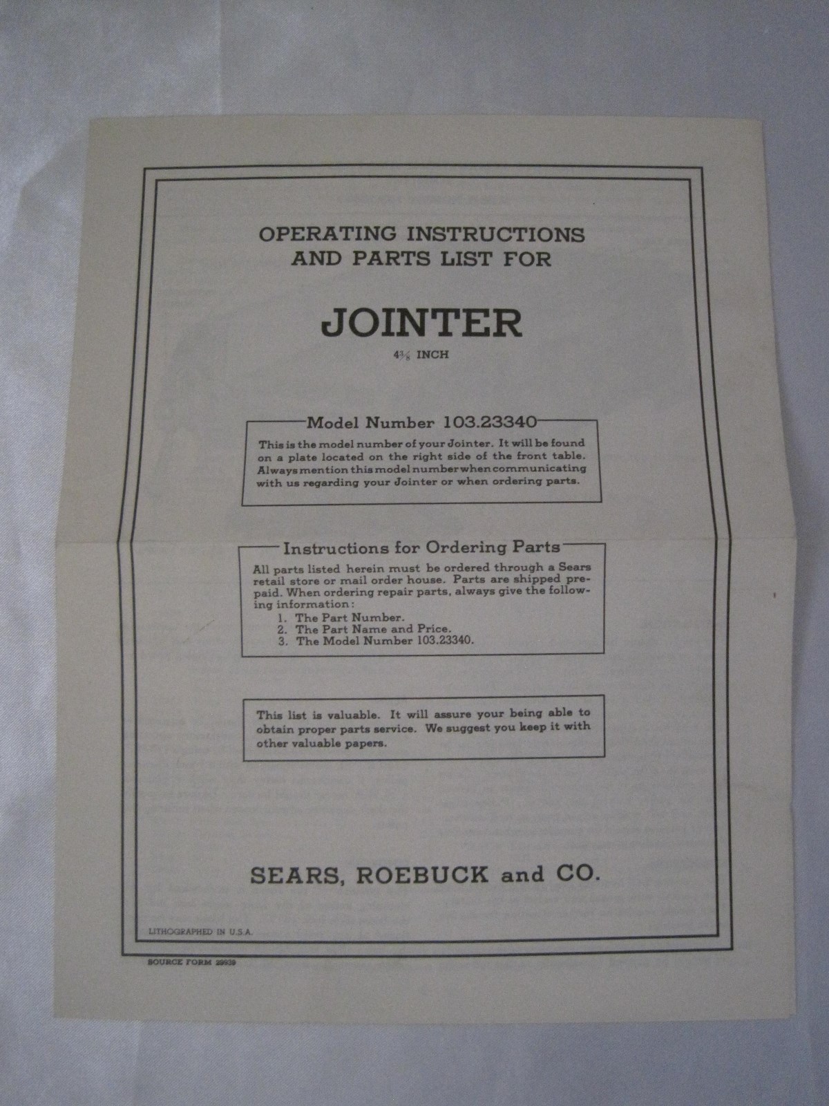 Vintage Sears Roebuck Jointer, Shaper,Thickness Planer Instructions / Parts List