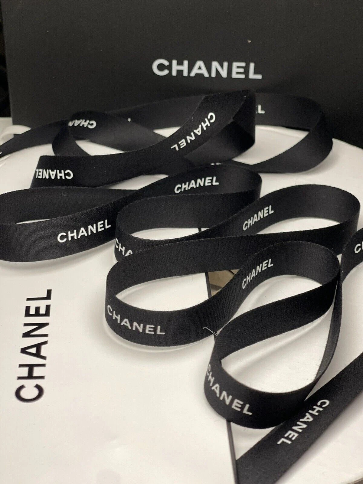 100m Uncut Chanel Classic Ribbon Black w/White Lettering New