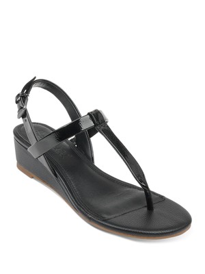 ВЕЛИКОЛЕПНЫЕ женские черные босоножки-стринги Avalon с Т-образным ремешком и круглым носком на танкетке и каблуке-стрингах длиной 9 М