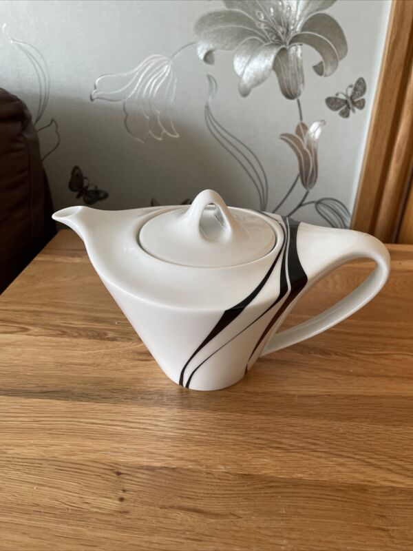 Debenhams Jazz By Spal, Art-Deco Style Black On White Porcelain Teapot, Unused