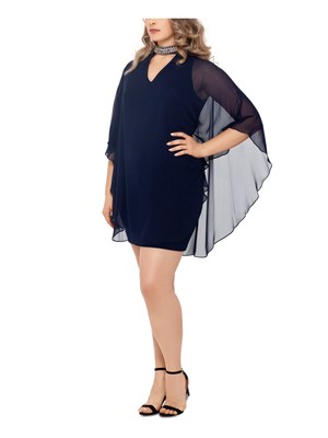 

Короткое торжественное платье X BY XSCAPE Womens Navy Cape Overlay с рукавом 3/4 Plus