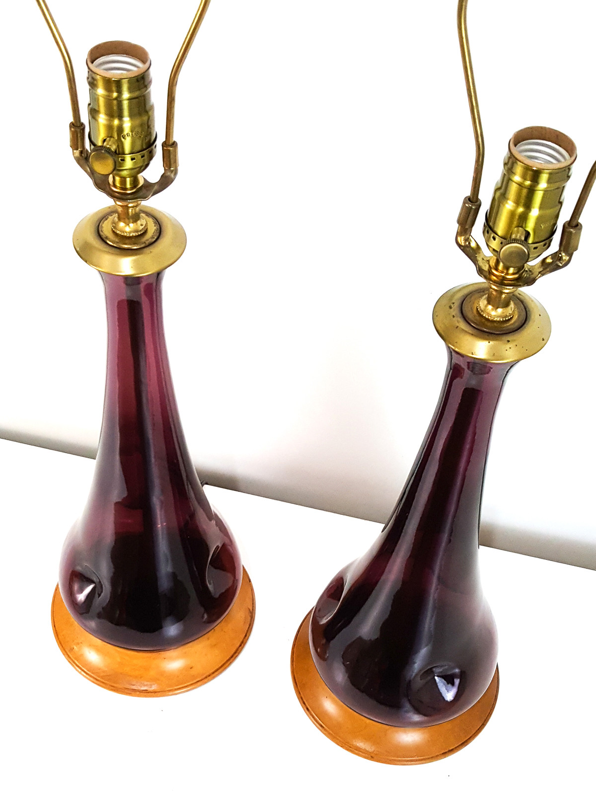Pair Vintage Purple Italian Empoli Art Glass Lamps Mid-Century Danish Modern