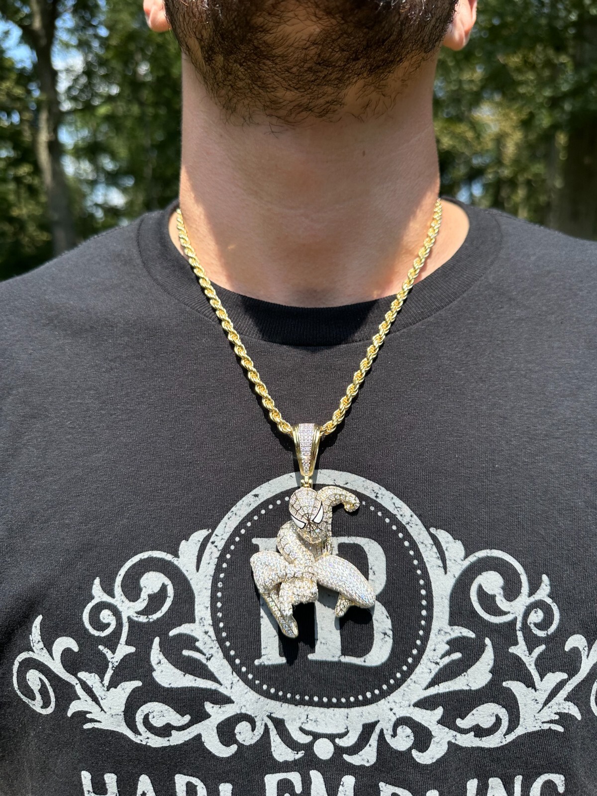 Pre-owned Harlembling Moissanite Real 925 Silver/14k Gold Plated Large Iced Spiderman Pendant Necklace In White