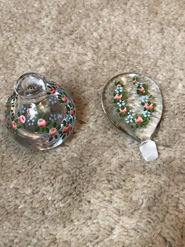 Vintage Enameled Roses On Crystal Perfume Bottle With Glass Stopper