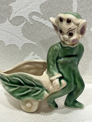 Vtg. Walker Pixie Elf Pulling A Leaf Cart Planter