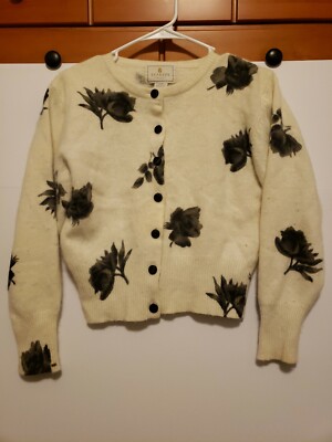 Express TriCot Size S Angora Rabbit Hair White Black Floral Button Cardigan 