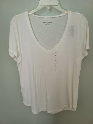 Ann Taylor Factory Women V Neck Short Sleeve T Tee Shirt Top White New Large