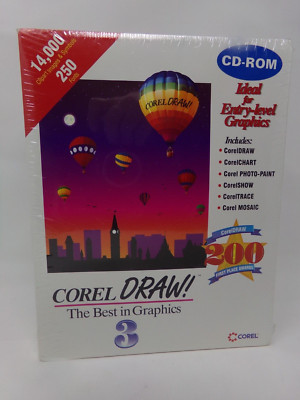 New/Sealed-COREL DRAW 3 SOFTWARE-The Best in GRAPHICS-PC WINDOWS Big Box CD-ROM