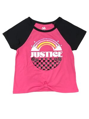 Justice Girls Pink Rainbow Logo Knot Front Short Sleeve T