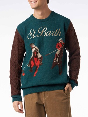 Pre-owned Mc2 Saint Barth Man Crewneck Donegal Sweater With Polo Jacquard Print In Green
