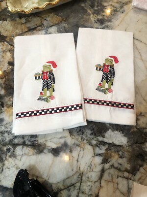  MACKENZIE-CHILDS SANTA FROG GUEST TOWELS SET OF TWO. NIP