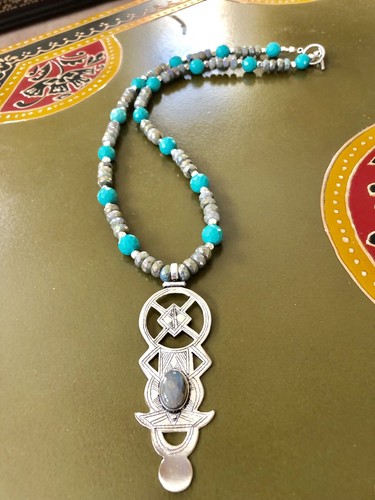 Turquoise and labradorite Tuareg Berber bohemian necklace.