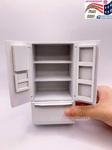Miniature 1/12 WHITE Double-Door Wooden Refrigerator Dollhouse Model Kitchen TOY