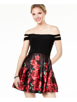 

BLONDIE Женское черное короткое платье с открытыми плечами с цветочным принтом для вечеринки + расклешенное платье для юниоров, Черный