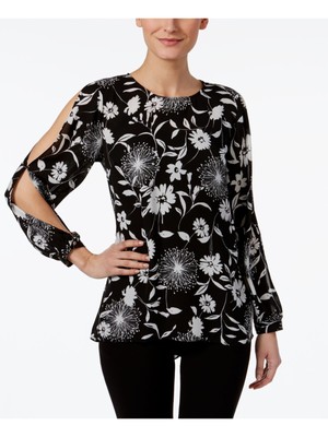 

VINCE CAMUTO Женский черный топ с круглым вырезом и длинным рукавом с цветочным принтом